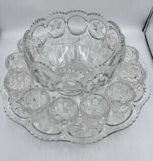 Tiffin-Franciscan L.E Smith Moon & Stars Punch Bowl, Large Under Plate & 10 Cups